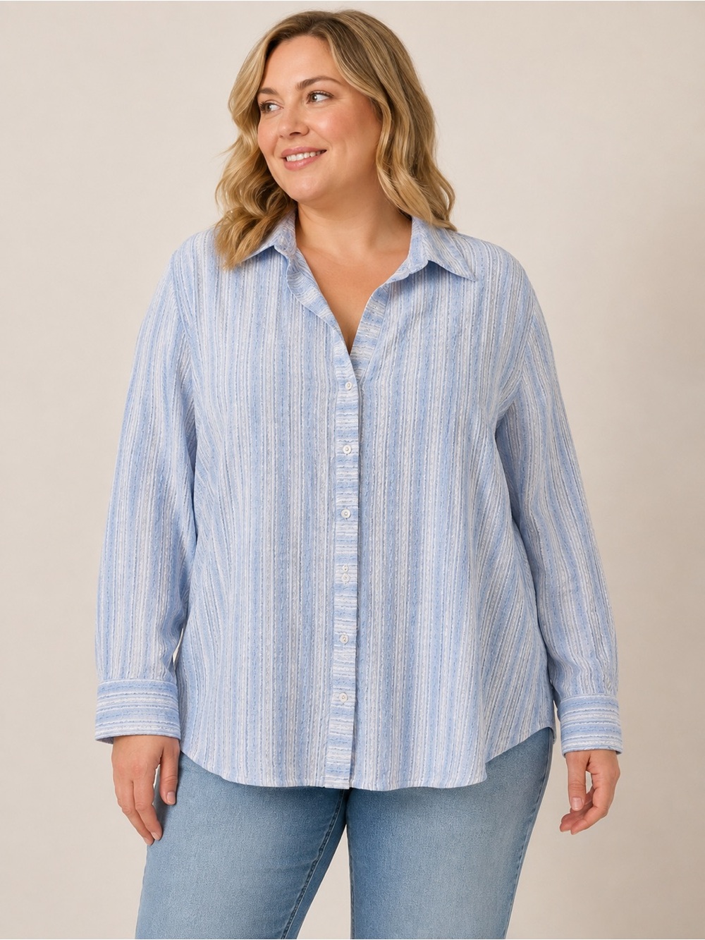 Jane + Delancey Textured Button Front Blouse Blue White Stripe 2X Stretch Top